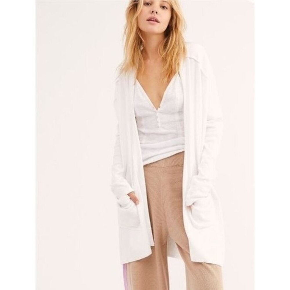 Free People White Waffle Knit Relaxed Cardigan | Coastal Grandmother Soft Girl L - Picture 1 of 16